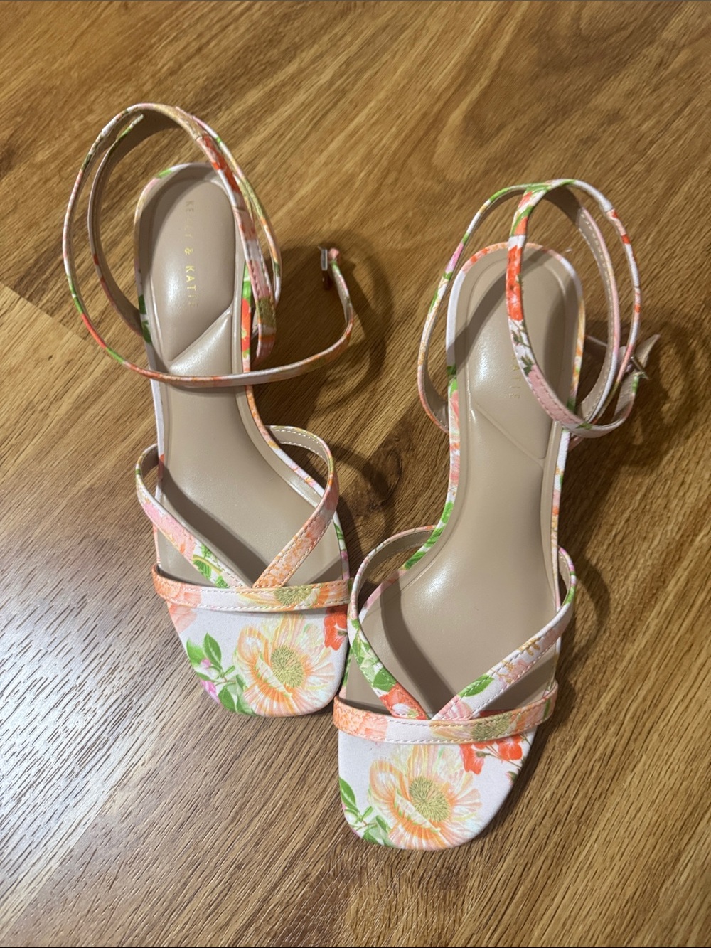 Floral Ankle-Strap Summer Party Floral  Heel Sandals in Peach 9 1/2